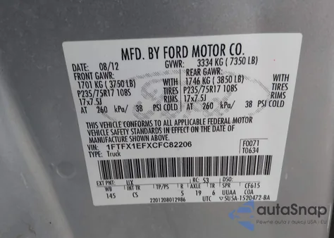 2012 Ford F-150 Xl из США, поврежденный, VIN 1FTFX1EFXCFC82206